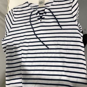 Striped blue and white tie up shirt.